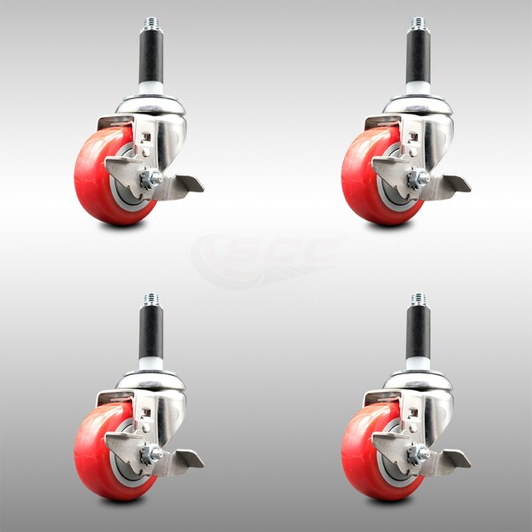 Service Caster 3.5 Inch 316SS Red Poly Swivel 3/4 Inch Expanding Stem Caster Set Brake SCC SCC-SS316EX20S3514-PPUB-RED-TLB-34-4 - main